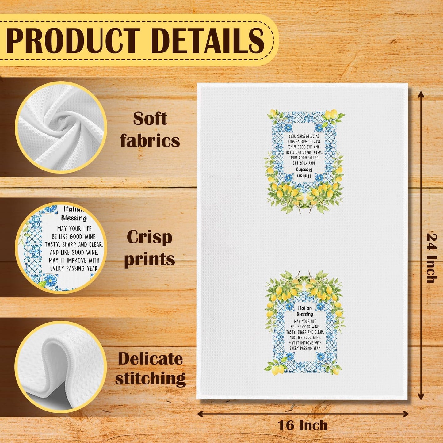 Italian Blessing Lemon Kitchen Towels, Italian Gifts for Women Dish Tea Towels, Mediterranean Tiles Lemon Botanical Decorative Hand Towel for Bathroom Kitchen, 16x24 Inch