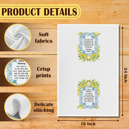 Italian Blessing Lemon Kitchen Towels, Italian Gifts for Women Dish Tea Towels, Mediterranean Tiles Lemon Botanical Decorative Hand Towel for Bathroom Kitchen, 16x24 Inch