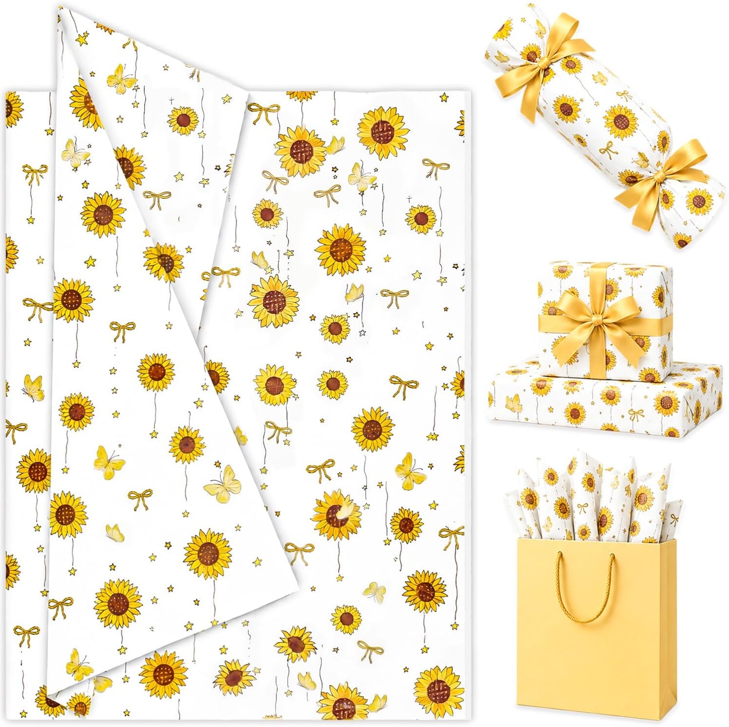 Floral Tissue Paper for Gift Bags, Sunflower Gift Wrap Tissue Paper Bulk with Butterfly Pattern, 30 Sheets White Art Packaging for Birthday, Holiday, DIY Crafts, Summer, 20x14in