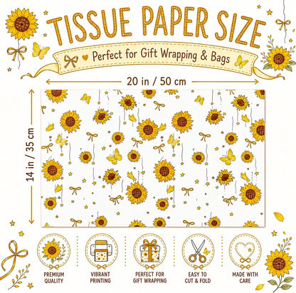 Floral Tissue Paper for Gift Bags, Sunflower Gift Wrap Tissue Paper Bulk with Butterfly Pattern, 30 Sheets White Art Packaging for Birthday, Holiday, DIY Crafts, Summer, 20x14in