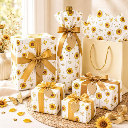Floral Tissue Paper for Gift Bags, Sunflower Gift Wrap Tissue Paper Bulk with Butterfly Pattern, 30 Sheets White Art Packaging for Birthday, Holiday, DIY Crafts, Summer, 20x14in