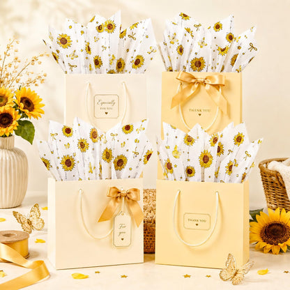 Floral Tissue Paper for Gift Bags, Sunflower Gift Wrap Tissue Paper Bulk with Butterfly Pattern, 30 Sheets White Art Packaging for Birthday, Holiday, DIY Crafts, Summer, 20x14in