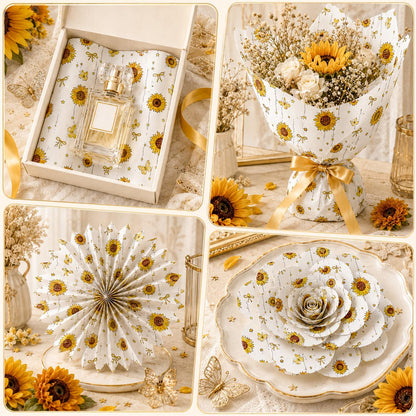 Floral Tissue Paper for Gift Bags, Sunflower Gift Wrap Tissue Paper Bulk with Butterfly Pattern, 30 Sheets White Art Packaging for Birthday, Holiday, DIY Crafts, Summer, 20x14in