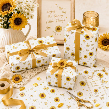 Floral Tissue Paper for Gift Bags, Sunflower Gift Wrap Tissue Paper Bulk with Butterfly Pattern, 30 Sheets White Art Packaging for Birthday, Holiday, DIY Crafts, Summer, 20x14in