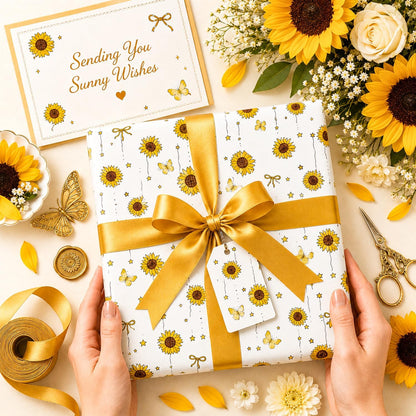 Floral Tissue Paper for Gift Bags, Sunflower Gift Wrap Tissue Paper Bulk with Butterfly Pattern, 30 Sheets White Art Packaging for Birthday, Holiday, DIY Crafts, Summer, 20x14in