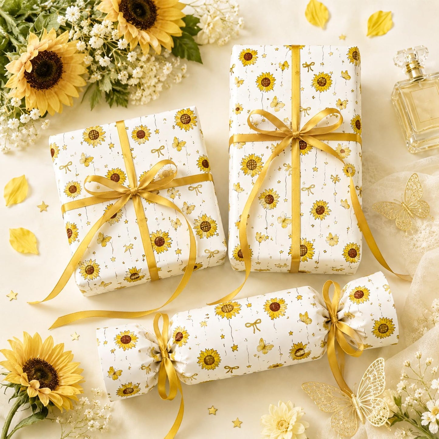 Floral Tissue Paper for Gift Bags, Sunflower Gift Wrap Tissue Paper Bulk with Butterfly Pattern, 30 Sheets White Art Packaging for Birthday, Holiday, DIY Crafts, Summer, 20x14in