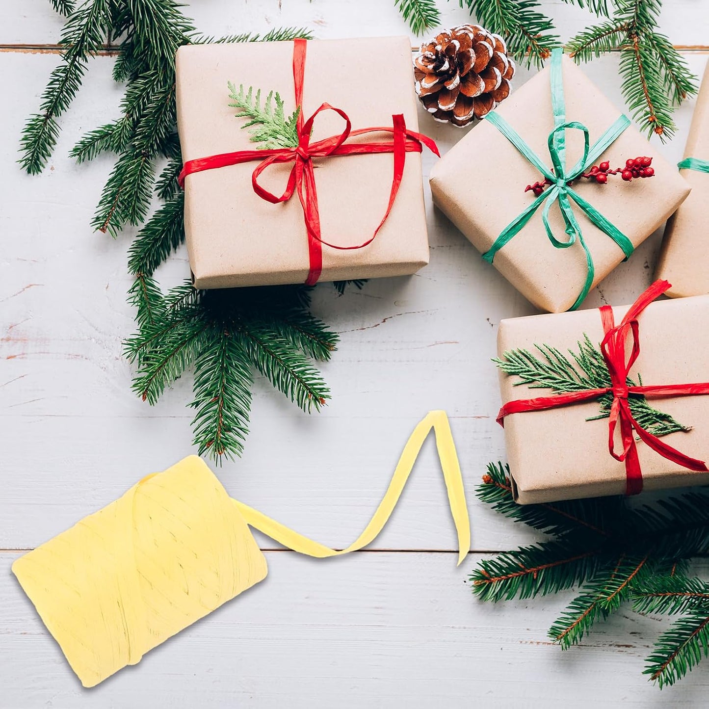 2 Rolls Raffia Paper Ribbon Bulk,1/4 Inch Wide 110 Yards Lemon Yellow Twine String Paper Yarn for DIY Craft Weaving, Decoration, Gift Wrapping