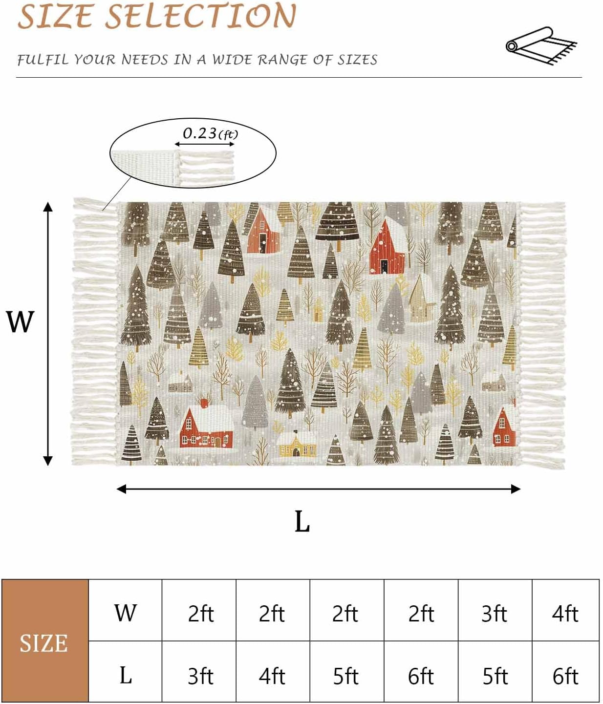 Christmas Rugs for Entryway 2x3 ft Winter Abstract Christmas Tree House Snow Yellow Small Area Rugs with Tassels Woven Floor Carpet Thow Mat for Front Door Indoor Entrance