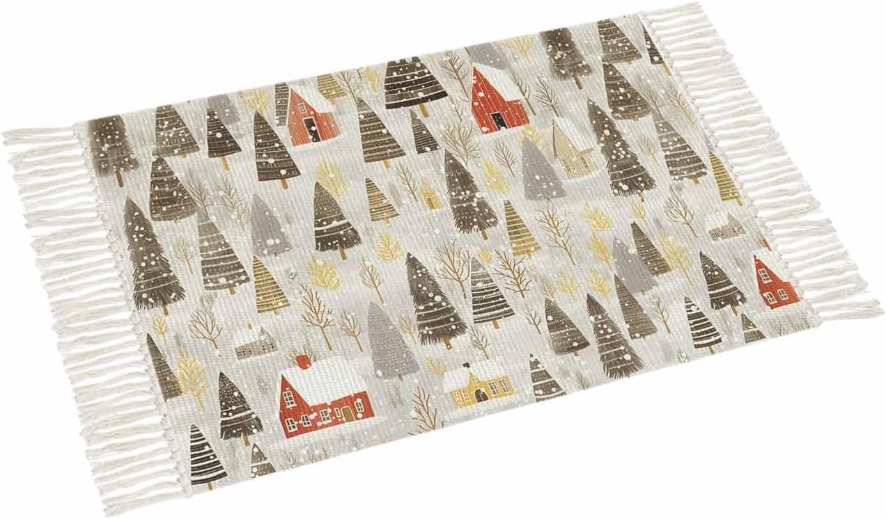 Christmas Rugs for Entryway 2x3 ft Winter Abstract Christmas Tree House Snow Yellow Small Area Rugs with Tassels Woven Floor Carpet Thow Mat for Front Door Indoor Entrance