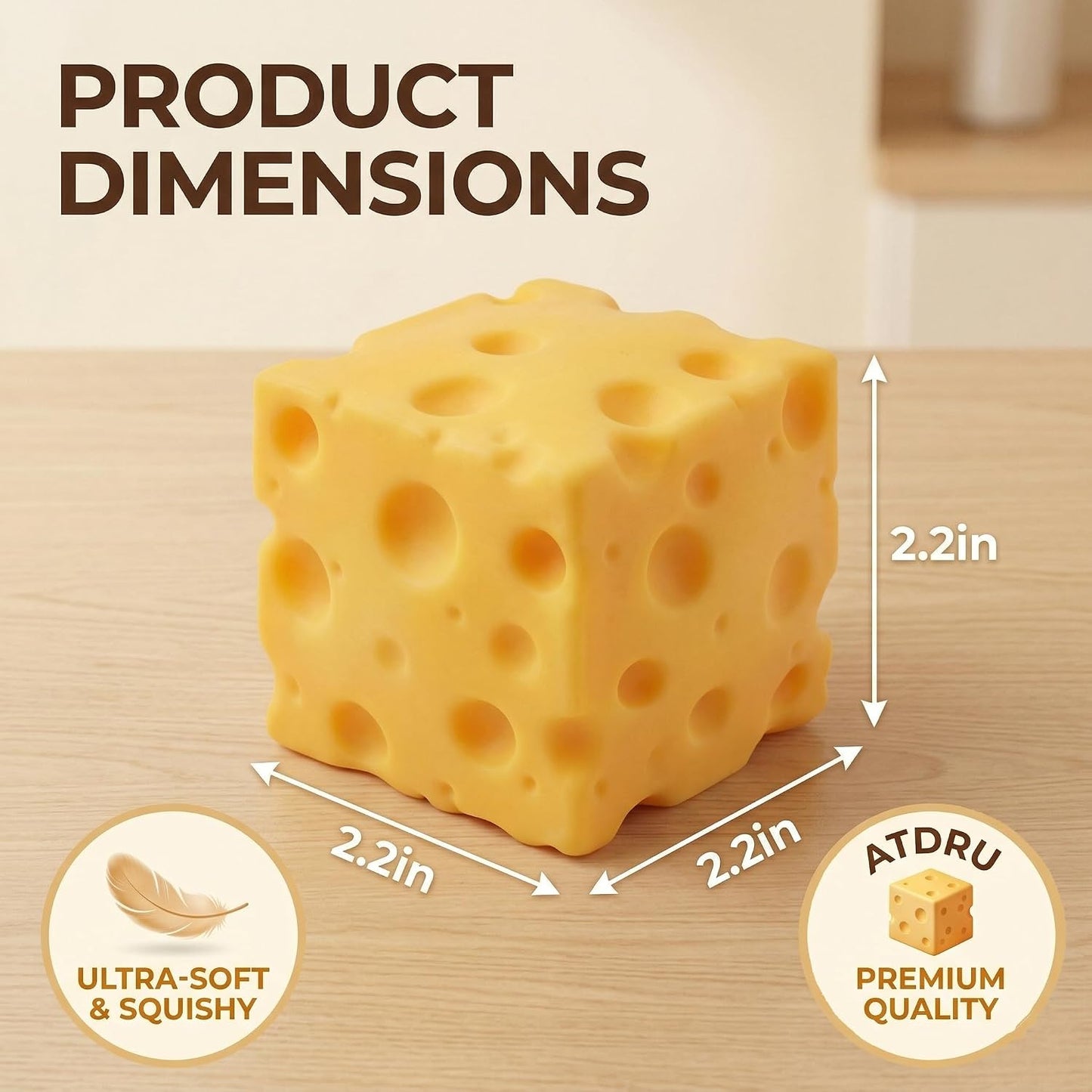 Cheese Squishy Squeeze Toy, Yellow Soft Sensory Cheese Stress Ball, Fidget Desk Gifts for Adults, Realistic Cheese Cube Novelty Toy for Relax (2.2inch)