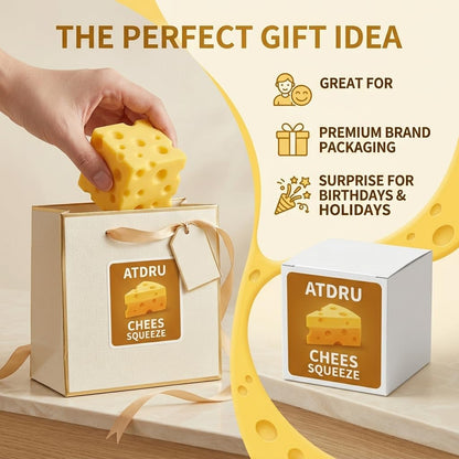 Cheese Squishy Squeeze Toy, Yellow Soft Sensory Cheese Stress Ball, Fidget Desk Gifts for Adults, Realistic Cheese Cube Novelty Toy for Relax (2.2inch)
