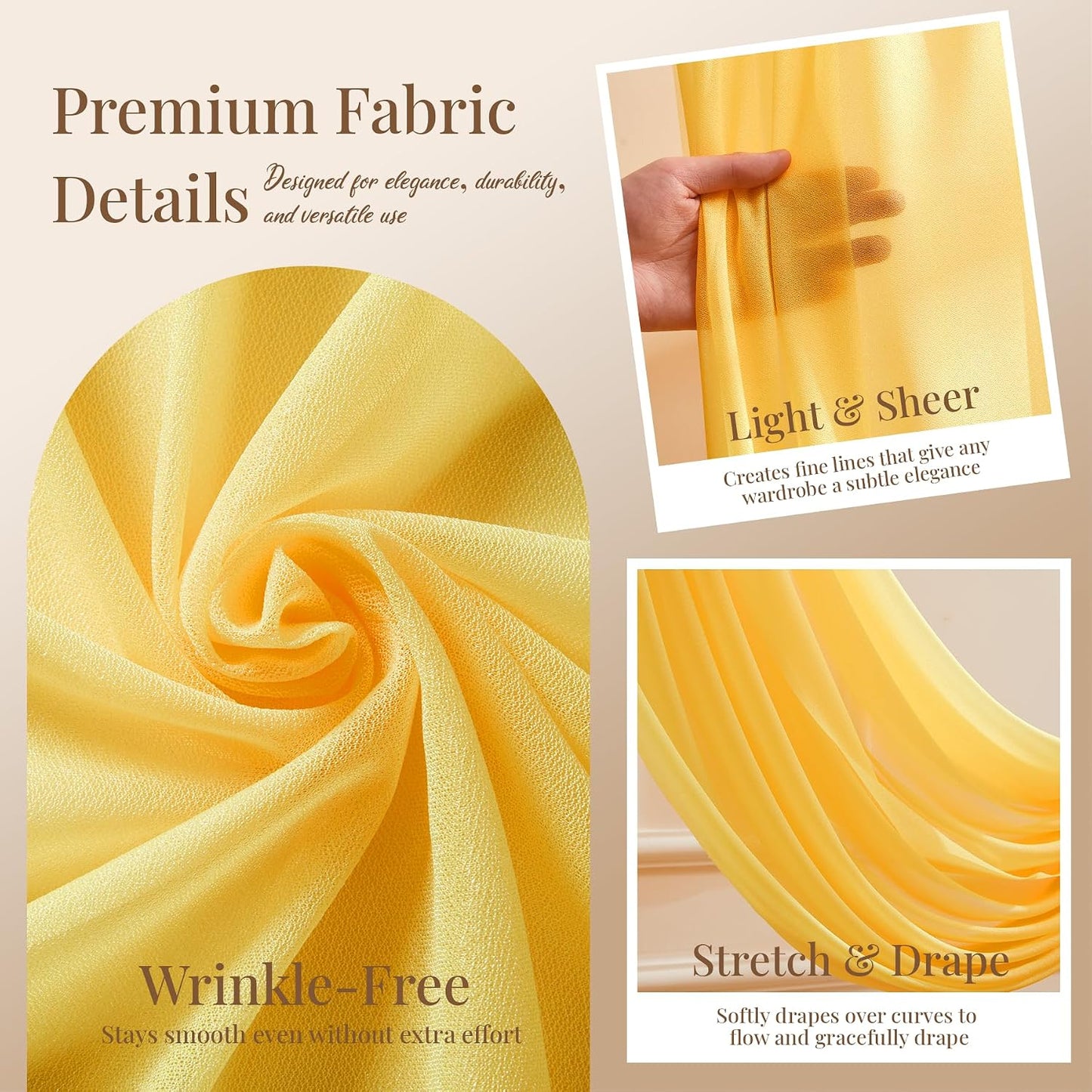 Yellow Wedding Arch Draping Fabric, 1 Pack 29" x 20FT Sheer Fabric Arch Drapery Curtain Backdrop Ceiling Drapes for Wedding Arbor Ceremony Canopy Birthday Party Decorations