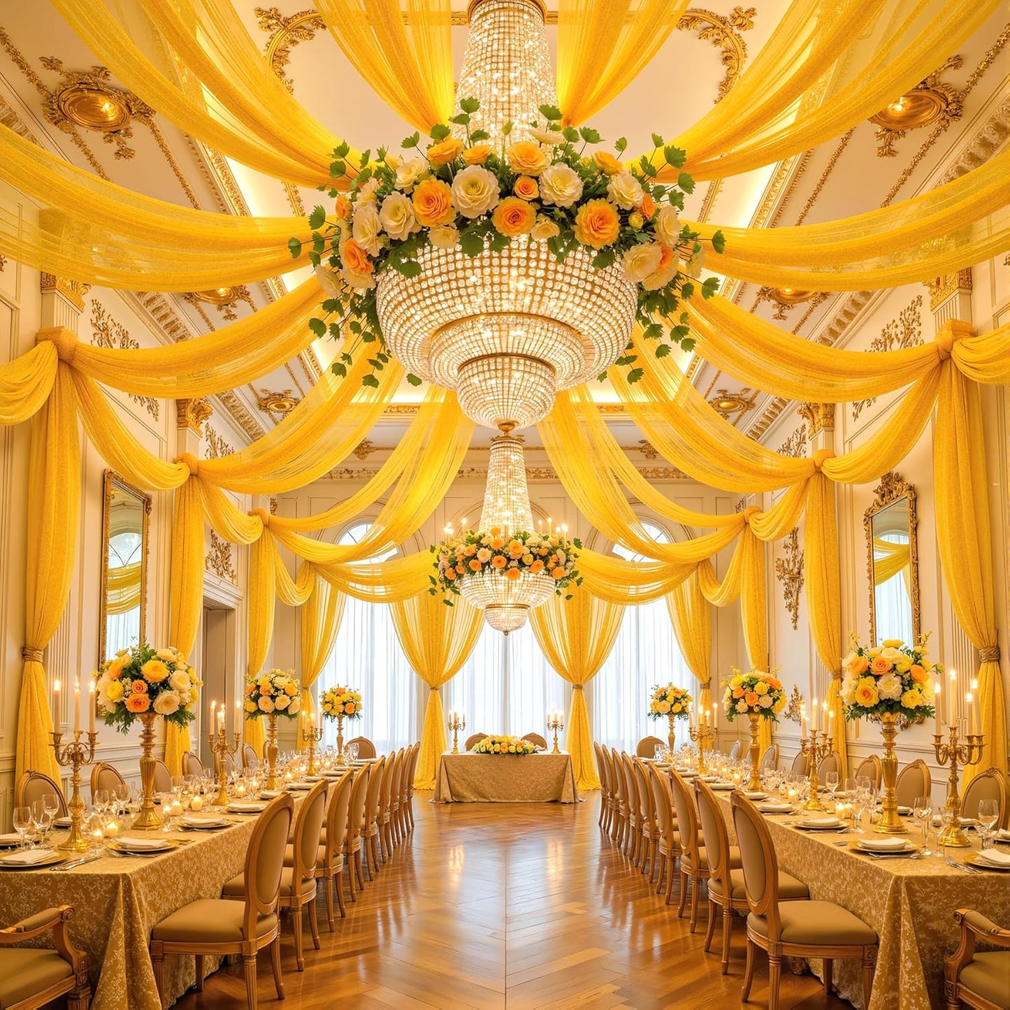 Yellow Wedding Arch Draping Fabric, 1 Pack 29" x 20FT Sheer Fabric Arch Drapery Curtain Backdrop Ceiling Drapes for Wedding Arbor Ceremony Canopy Birthday Party Decorations