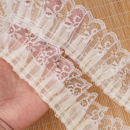 Pale Yellow Ruffled Lace Trim, 5Yards × 5cm Wide Double Layer Organza & Lace Ribbon for Sewing DIY Crafts Bridal Wedding Dress, Curtains Home Decor Embellishments