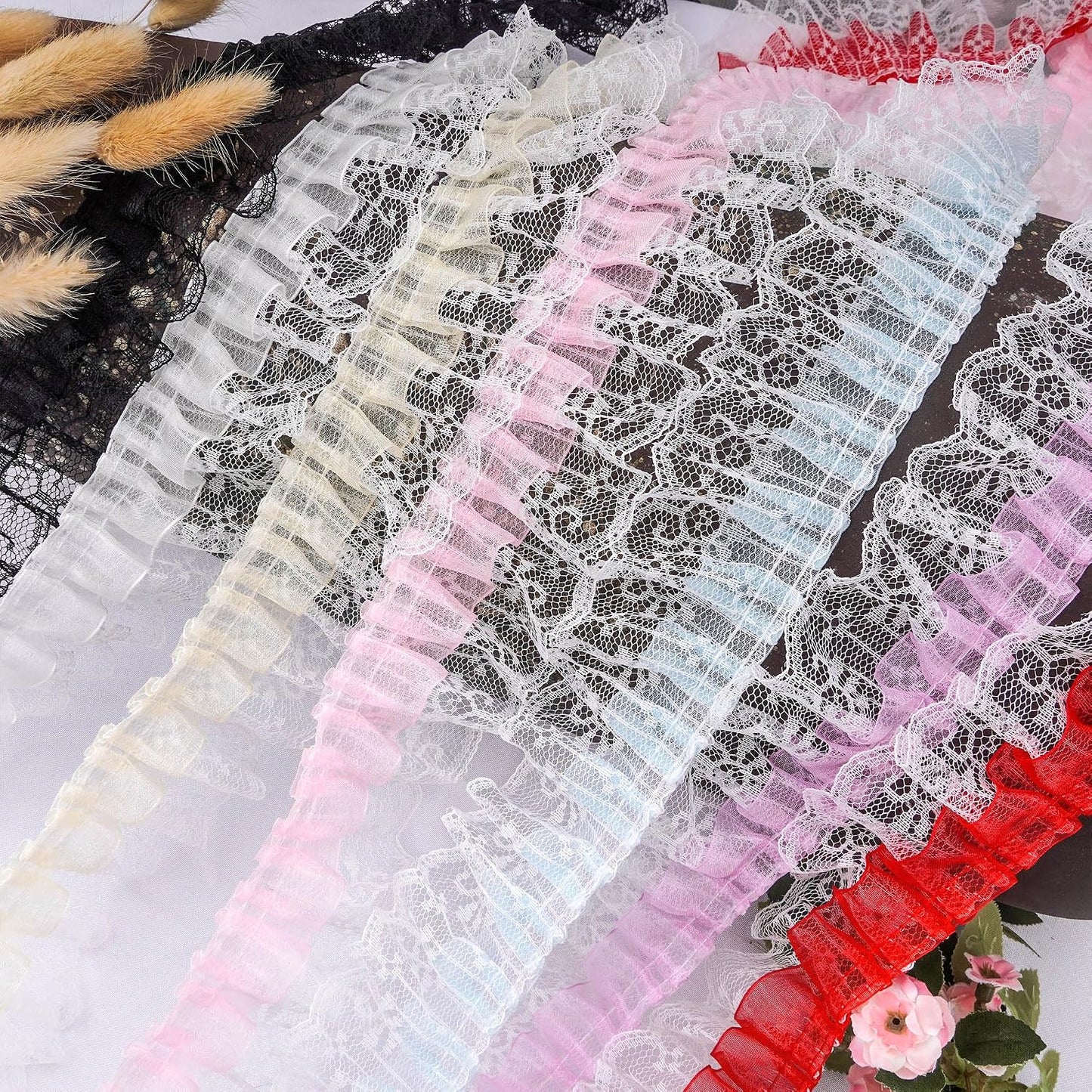 Pale Yellow Ruffled Lace Trim, 5Yards × 5cm Wide Double Layer Organza & Lace Ribbon for Sewing DIY Crafts Bridal Wedding Dress, Curtains Home Decor Embellishments