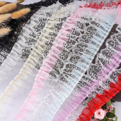 Pale Yellow Ruffled Lace Trim, 5Yards × 5cm Wide Double Layer Organza & Lace Ribbon for Sewing DIY Crafts Bridal Wedding Dress, Curtains Home Decor Embellishments