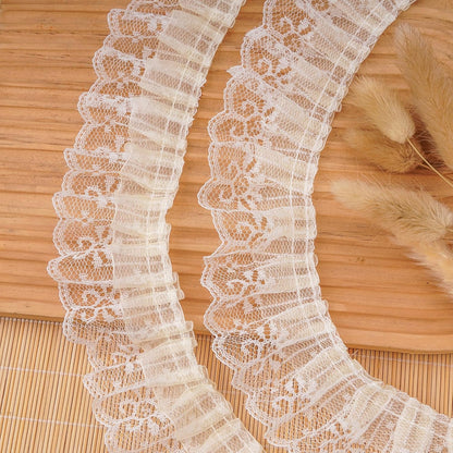 Pale Yellow Ruffled Lace Trim, 5Yards × 5cm Wide Double Layer Organza & Lace Ribbon for Sewing DIY Crafts Bridal Wedding Dress, Curtains Home Decor Embellishments