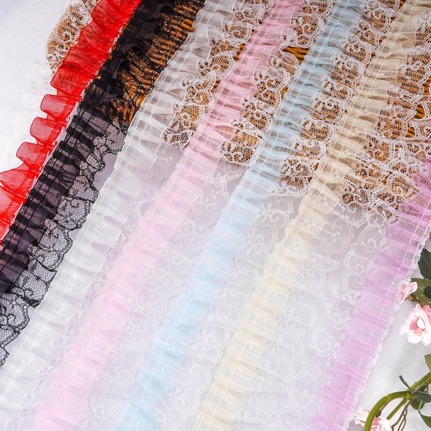Pale Yellow Ruffled Lace Trim, 5Yards × 5cm Wide Double Layer Organza & Lace Ribbon for Sewing DIY Crafts Bridal Wedding Dress, Curtains Home Decor Embellishments