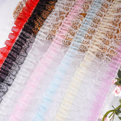Pale Yellow Ruffled Lace Trim, 5Yards × 5cm Wide Double Layer Organza & Lace Ribbon for Sewing DIY Crafts Bridal Wedding Dress, Curtains Home Decor Embellishments