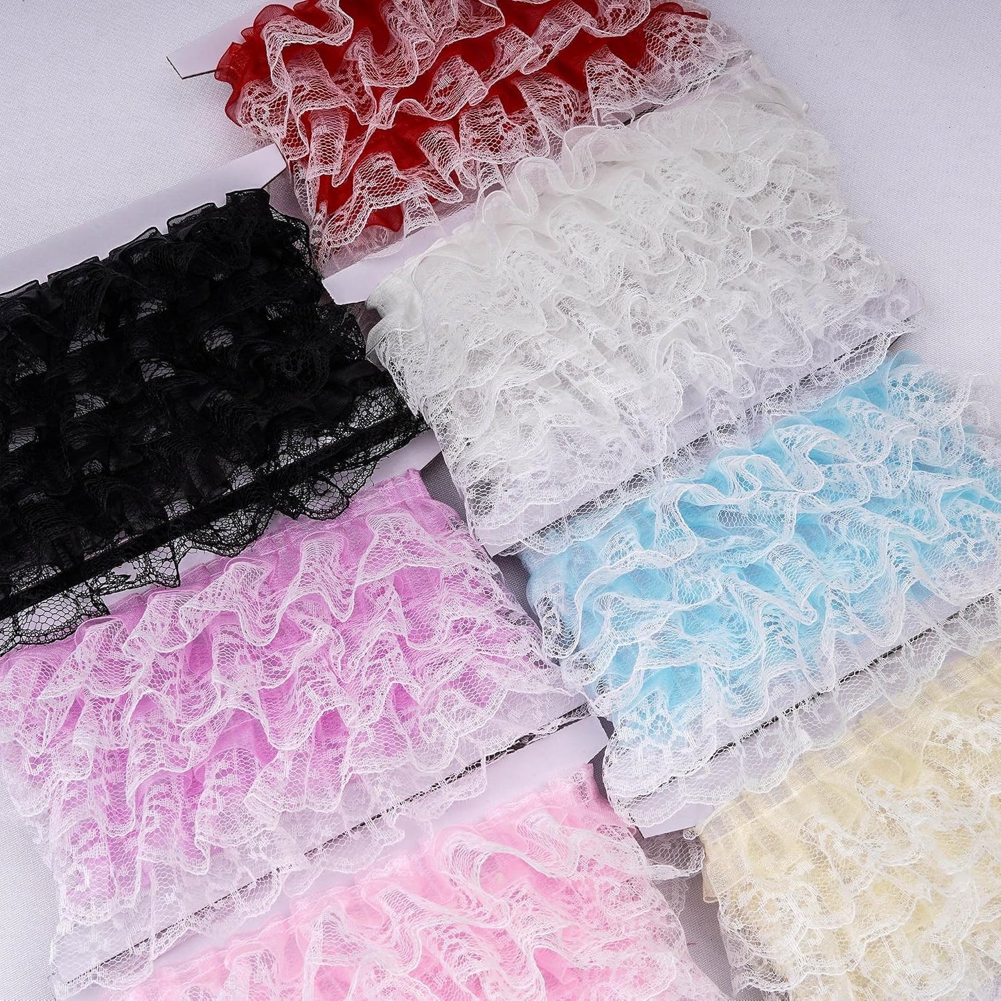 Pale Yellow Ruffled Lace Trim, 5Yards × 5cm Wide Double Layer Organza & Lace Ribbon for Sewing DIY Crafts Bridal Wedding Dress, Curtains Home Decor Embellishments