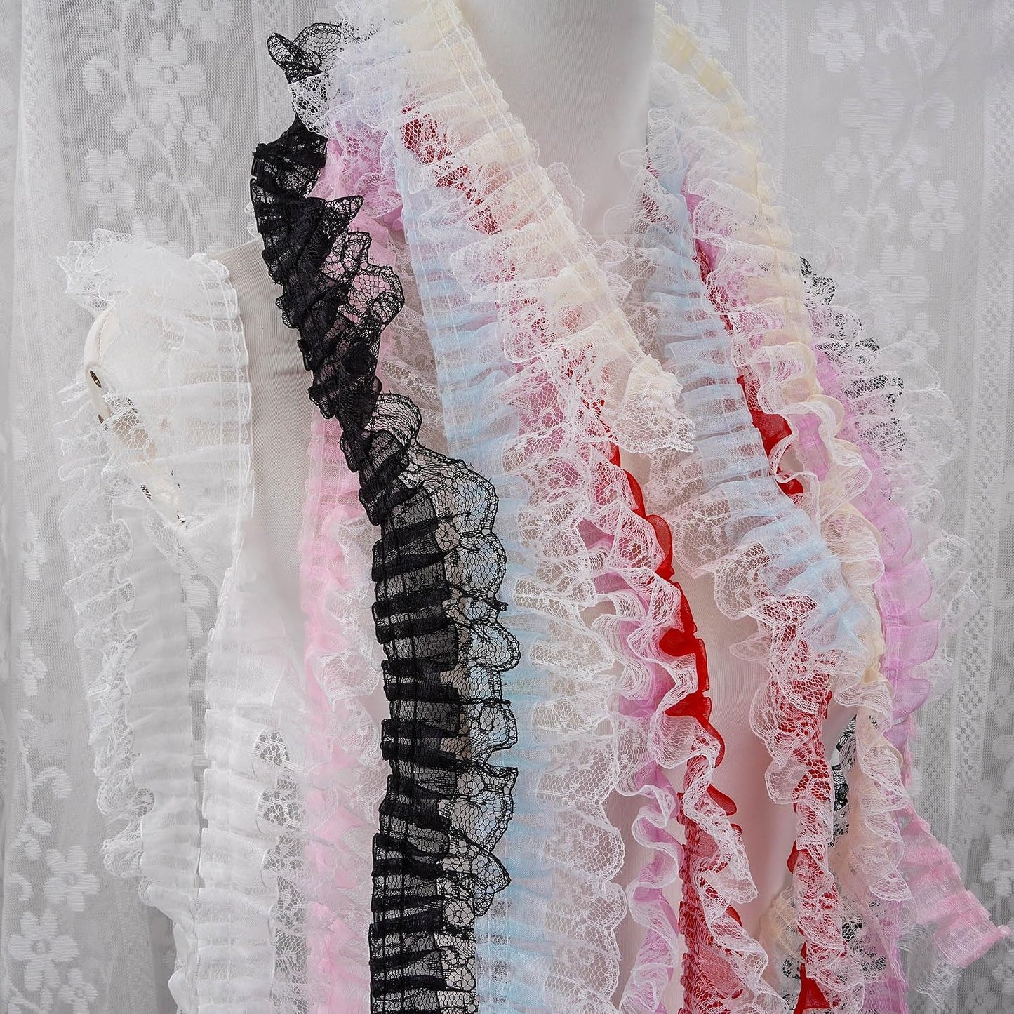 Pale Yellow Ruffled Lace Trim, 5Yards × 5cm Wide Double Layer Organza & Lace Ribbon for Sewing DIY Crafts Bridal Wedding Dress, Curtains Home Decor Embellishments