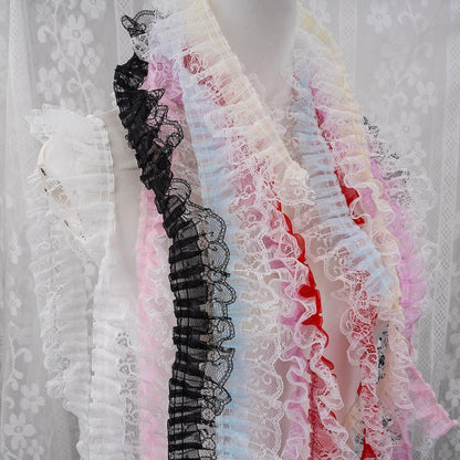 Pale Yellow Ruffled Lace Trim, 5Yards × 5cm Wide Double Layer Organza & Lace Ribbon for Sewing DIY Crafts Bridal Wedding Dress, Curtains Home Decor Embellishments