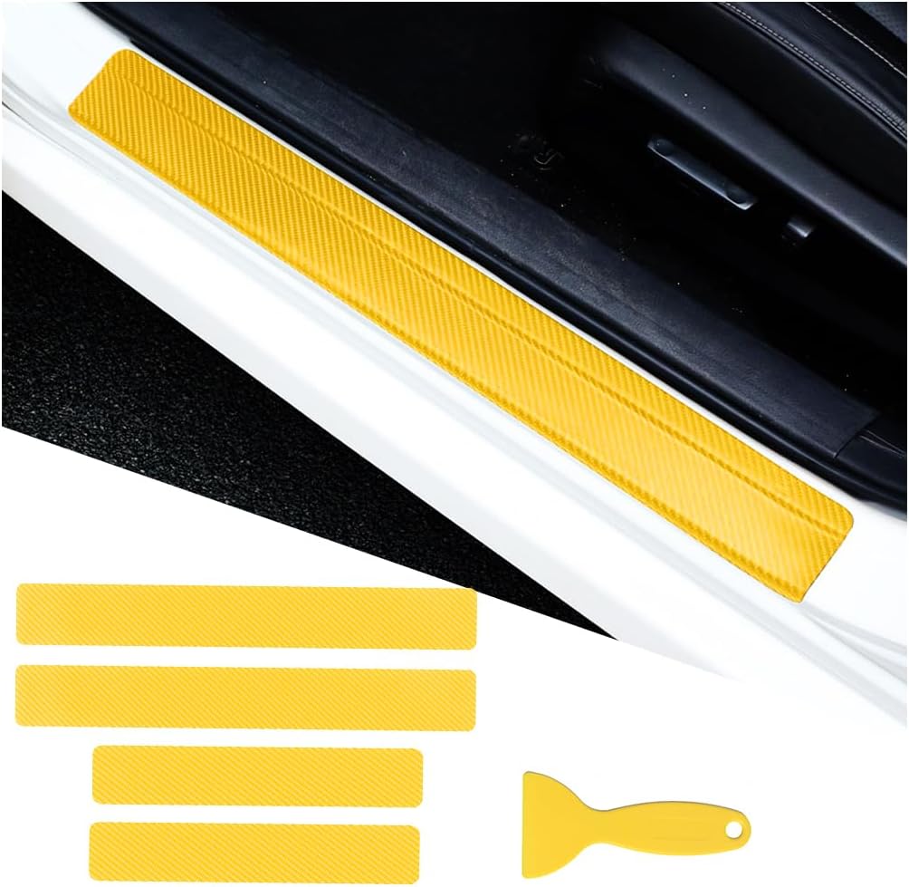 4PCS Car Door Sill Protector, 3D Carbon Fiber Vehicle Entry Edge Guard Trim, Anti-Scratch Automotive Threshold Sill Cover Strips Accessories, Universal for SUV, Sedan, Truck (Yellow)