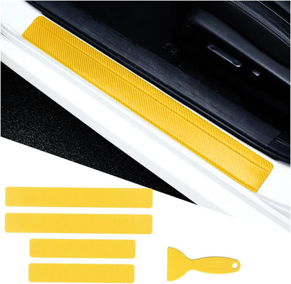 4PCS Car Door Sill Protector, 3D Carbon Fiber Vehicle Entry Edge Guard Trim, Anti-Scratch Automotive Threshold Sill Cover Strips Accessories, Universal for SUV, Sedan, Truck (Yellow)