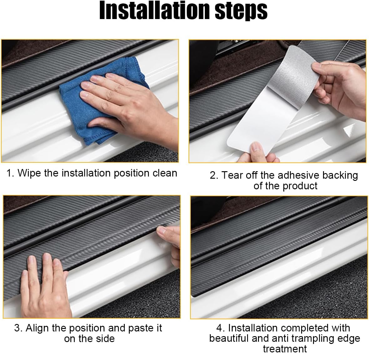 4PCS Car Door Sill Protector, 3D Carbon Fiber Vehicle Entry Edge Guard Trim, Anti-Scratch Automotive Threshold Sill Cover Strips Accessories, Universal for SUV, Sedan, Truck (Yellow)