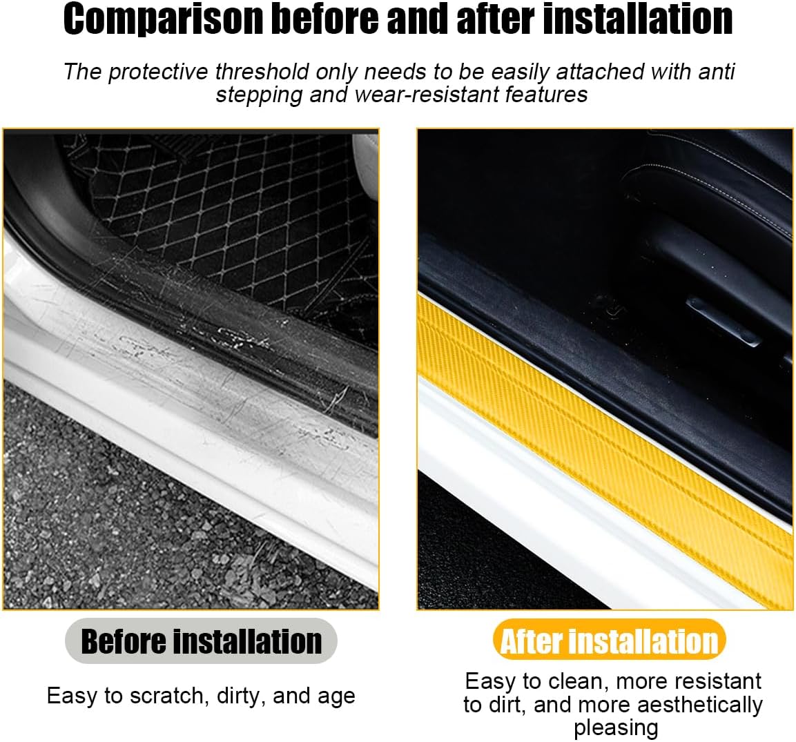 4PCS Car Door Sill Protector, 3D Carbon Fiber Vehicle Entry Edge Guard Trim, Anti-Scratch Automotive Threshold Sill Cover Strips Accessories, Universal for SUV, Sedan, Truck (Yellow)