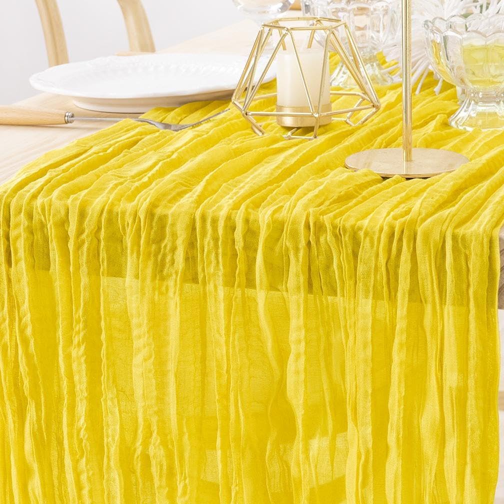 Summer Yellow Cheesecloth Table Runner Boho Gauze Rustic Cheese Cloth Spring Table Runner 160 inch 13.3ft Long for Wedding Party Baby Bridal Shower Birthday Home Decor