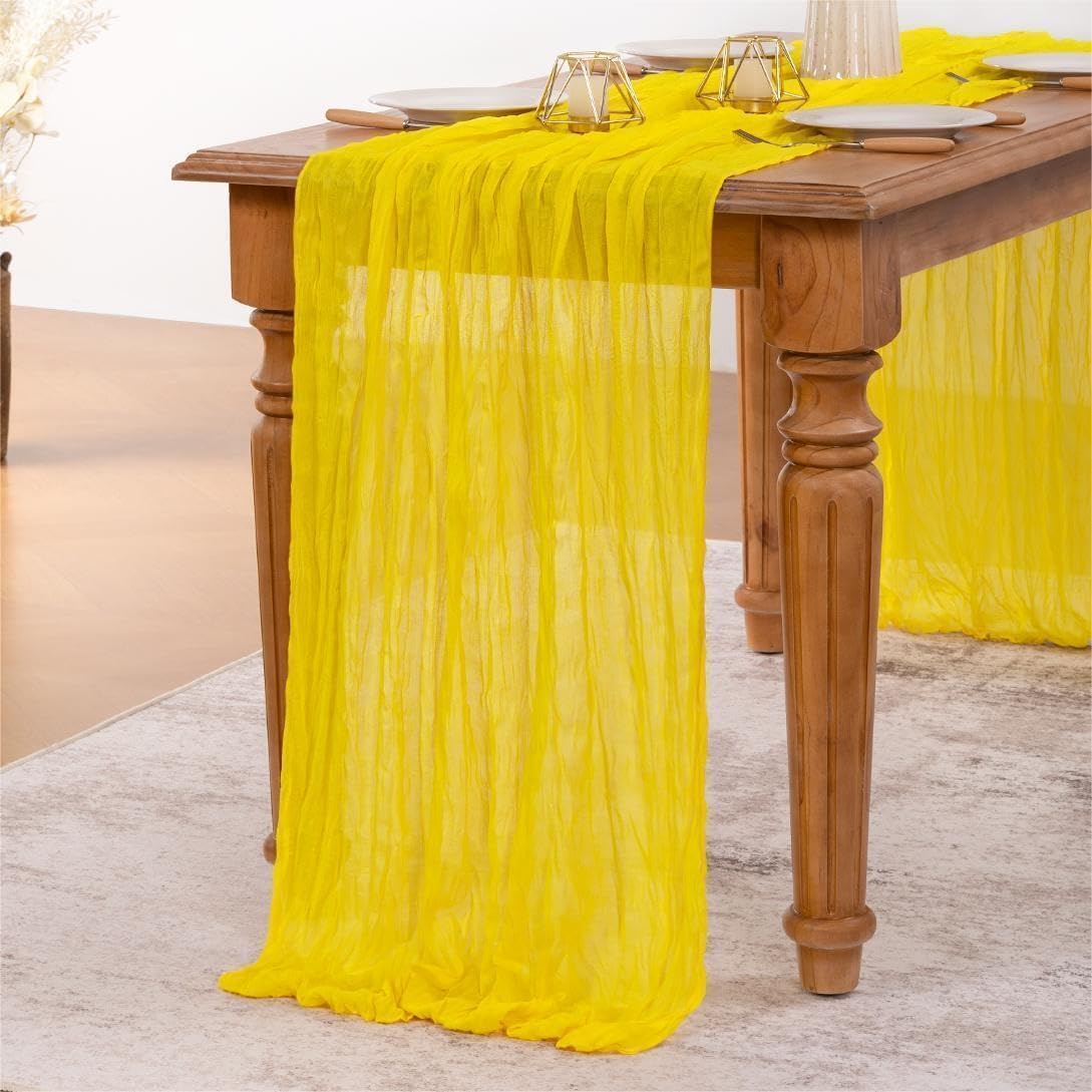 Summer Yellow Cheesecloth Table Runner Boho Gauze Rustic Cheese Cloth Spring Table Runner 160 inch 13.3ft Long for Wedding Party Baby Bridal Shower Birthday Home Decor