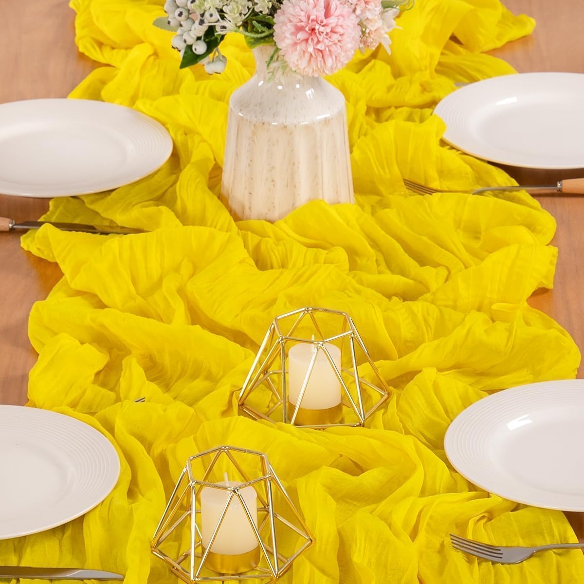 Summer Yellow Cheesecloth Table Runner Boho Gauze Rustic Cheese Cloth Spring Table Runner 160 inch 13.3ft Long for Wedding Party Baby Bridal Shower Birthday Home Decor
