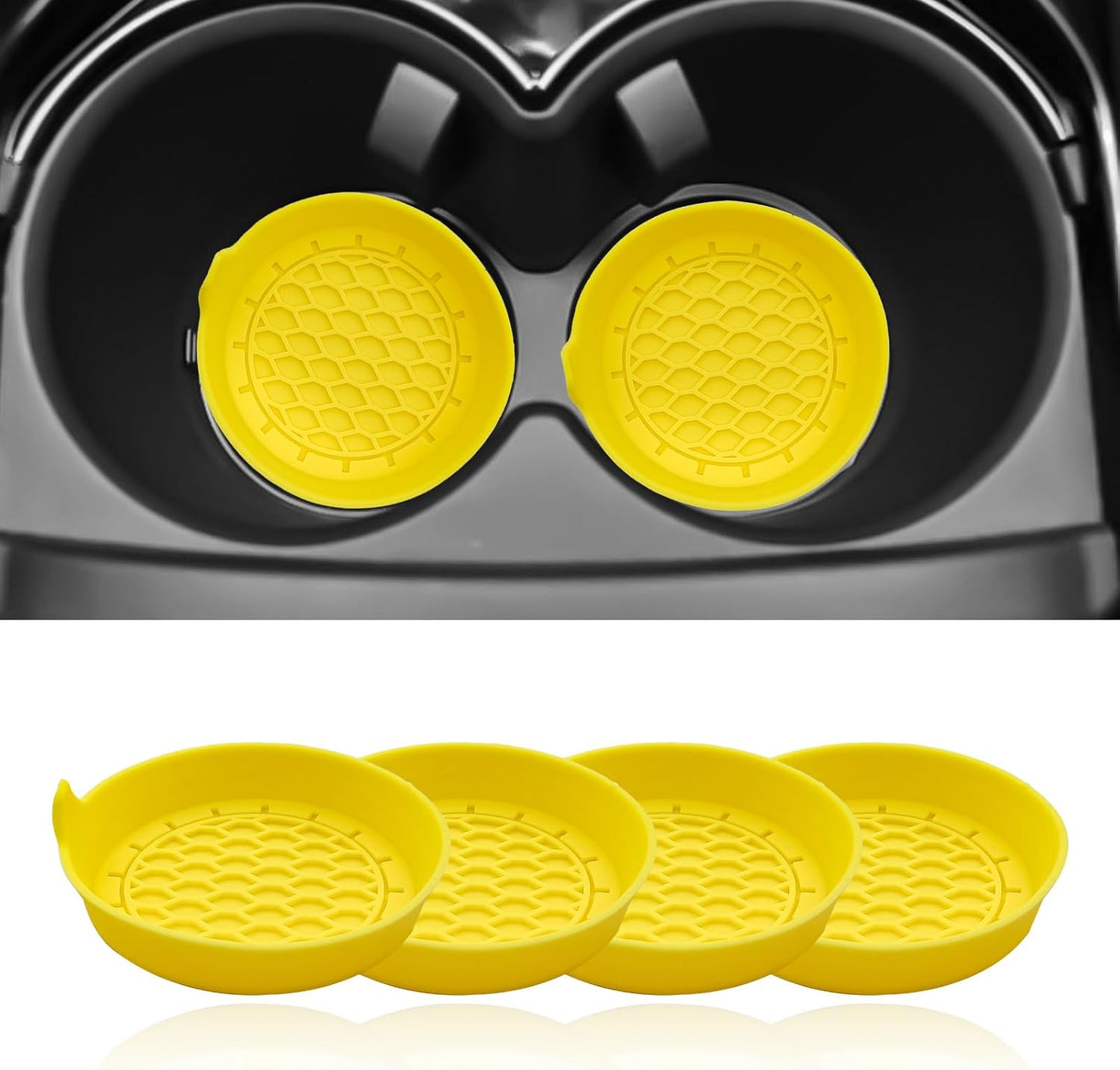 4-Pack Universal Cup Holder Coasters, Black Silicone Inserts - Keep Your Car Clean with Non-Slip & Spill-Proof Coasters for All Vehicles (Yellow)