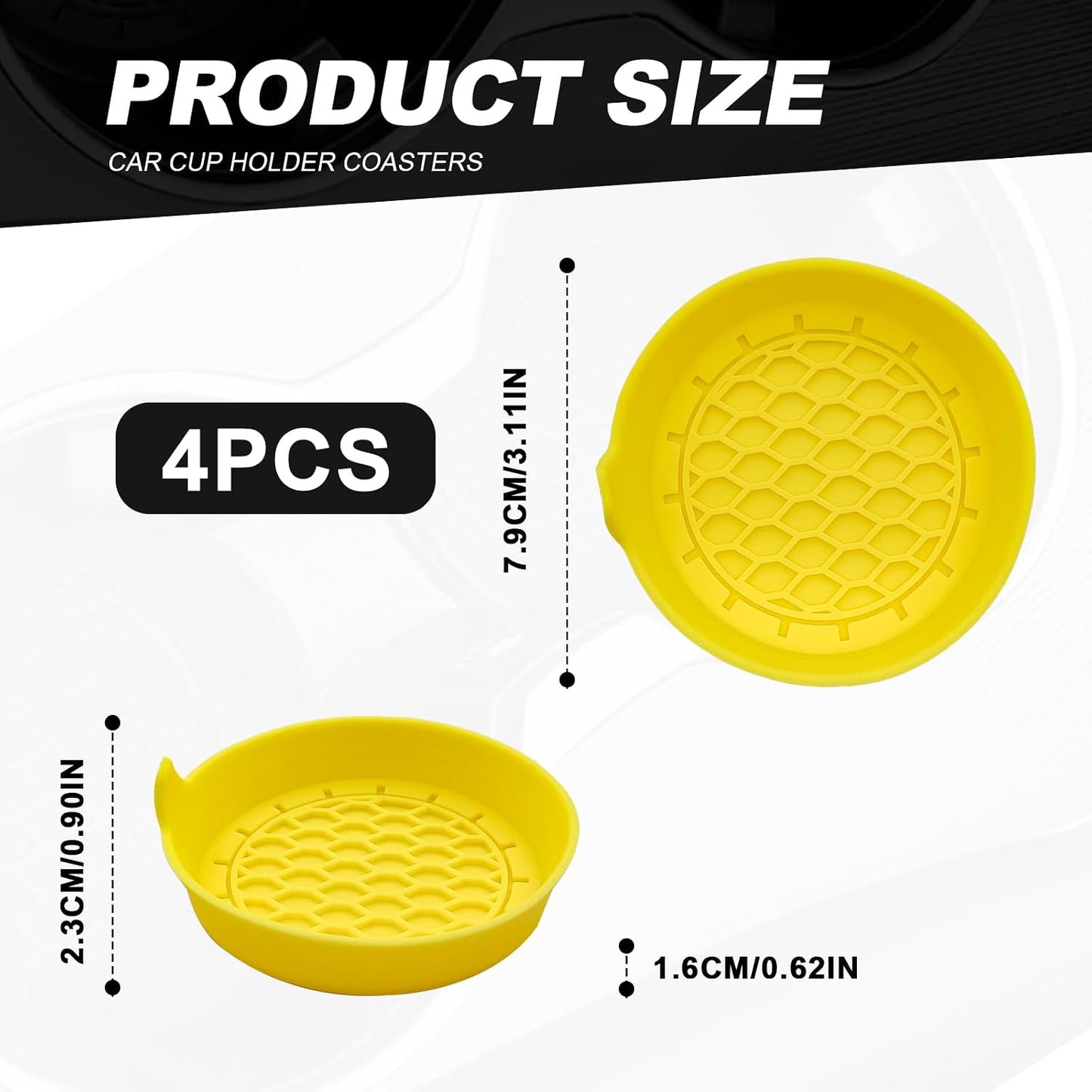 4-Pack Universal Cup Holder Coasters, Black Silicone Inserts - Keep Your Car Clean with Non-Slip & Spill-Proof Coasters for All Vehicles (Yellow)