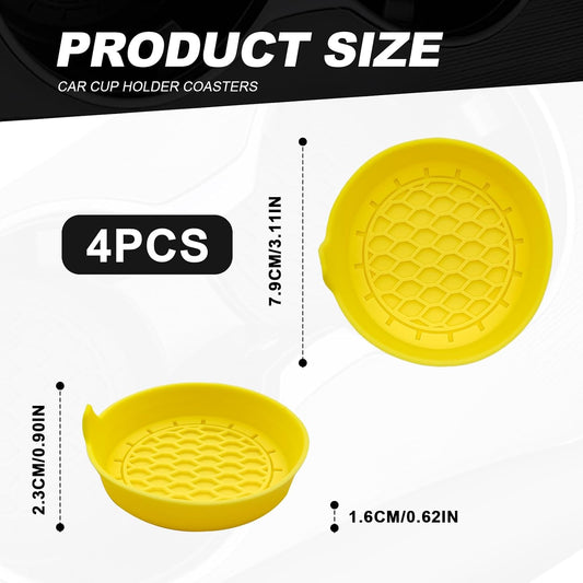 4-Pack Universal Cup Holder Coasters, Black Silicone Inserts - Keep Your Car Clean with Non-Slip & Spill-Proof Coasters for All Vehicles (Yellow)