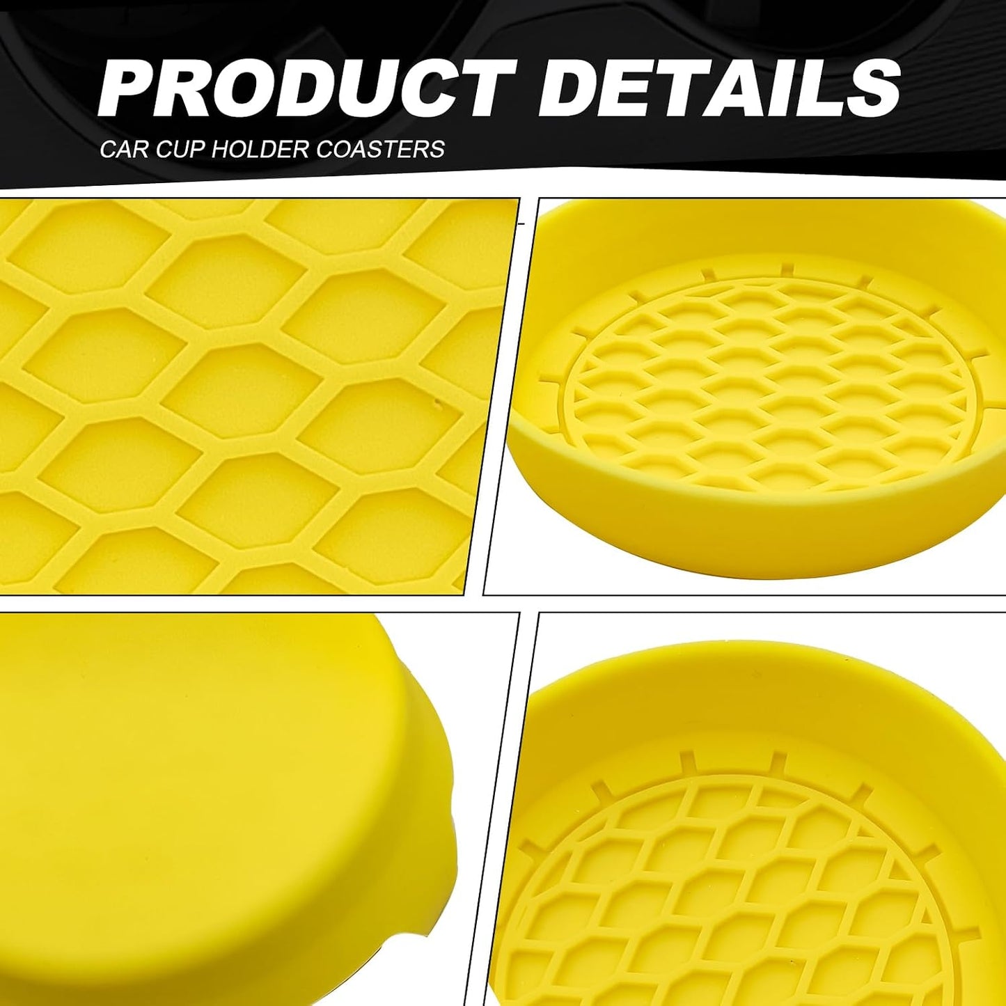 4-Pack Universal Cup Holder Coasters, Black Silicone Inserts - Keep Your Car Clean with Non-Slip & Spill-Proof Coasters for All Vehicles (Yellow)