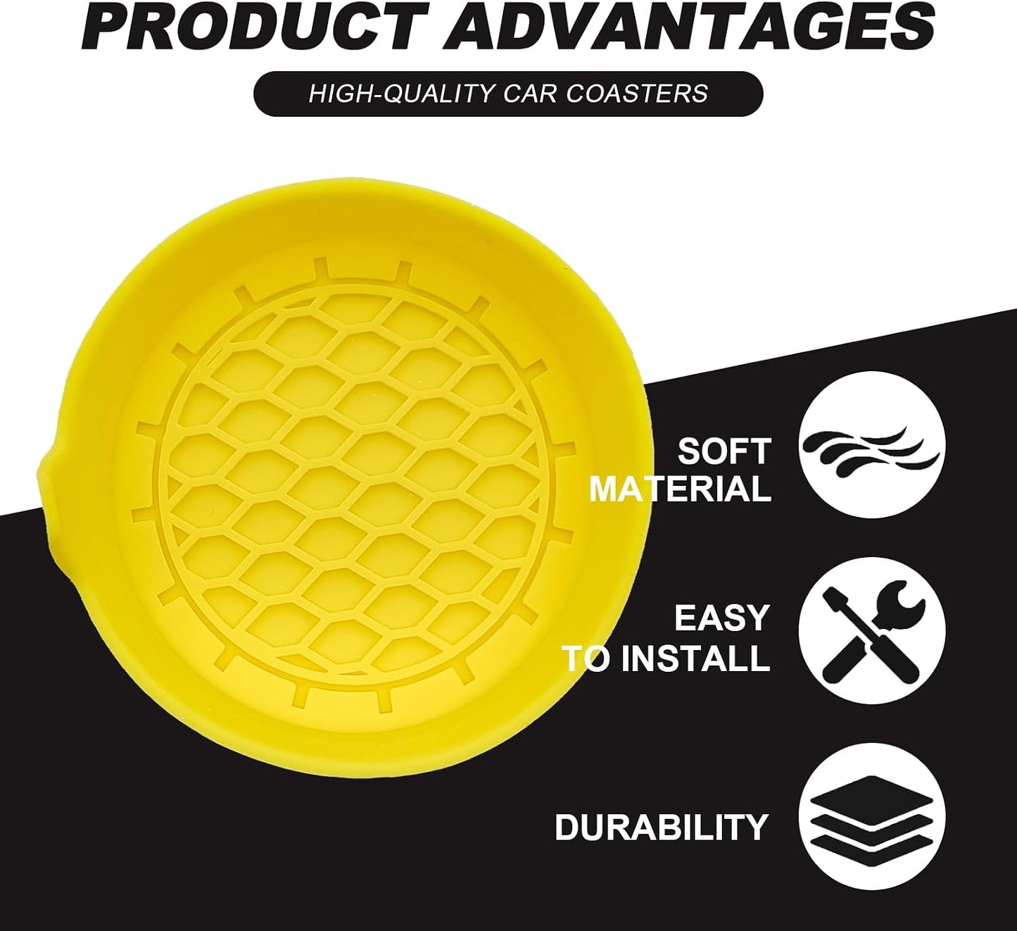 4-Pack Universal Cup Holder Coasters, Black Silicone Inserts - Keep Your Car Clean with Non-Slip & Spill-Proof Coasters for All Vehicles (Yellow)