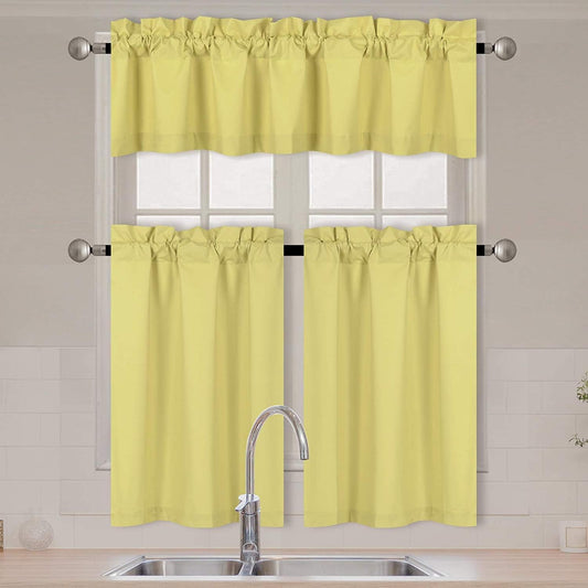 3 Pieces Solid Color Kitchen Curtain Set Tier and Valence with Rod Pocket Microfiber 100% Sunlight Blackout Drapes Window Treatment New (Yellow)