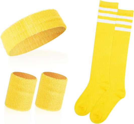 Sweatbands and Striped Socks Set Sports Headband for Men Women Wristbands High Tube Socks 80s 90s Accessories Costumes