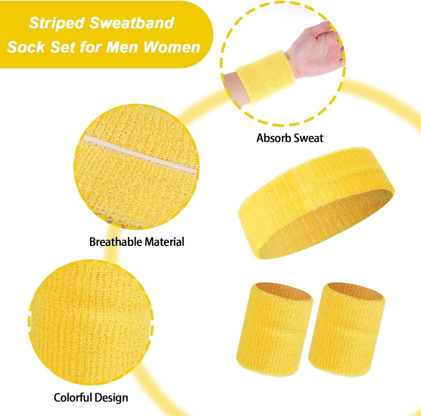 Sweatbands and Striped Socks Set Sports Headband for Men Women Wristbands High Tube Socks 80s 90s Accessories Costumes