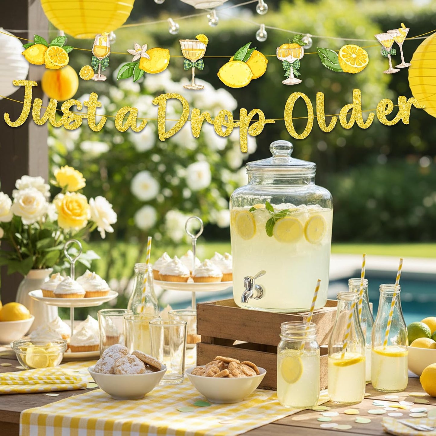 Just a Drop Older Decorations Banner - Gold Glitter Lemon Decoration Sign with Banner Garland, Lemon Martini Party Supplies for Bachelorette Birthday Bridal Shower Wedding
