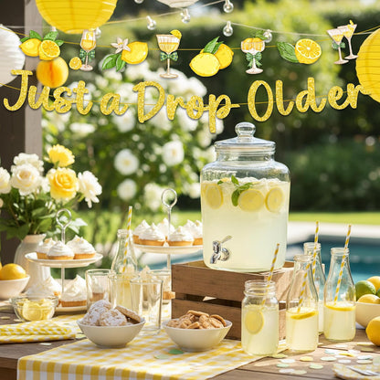 Just a Drop Older Decorations Banner - Gold Glitter Lemon Decoration Sign with Banner Garland, Lemon Martini Party Supplies for Bachelorette Birthday Bridal Shower Wedding