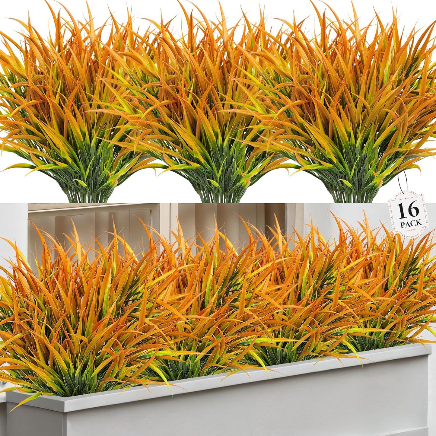 16 Pcs Artificial Plants Outdoor Fake Grass, Yellow | Plastic grass, faux greenery stems, UV resistant, adjustable stems, indoor outdoor planters patio garden porch pathway