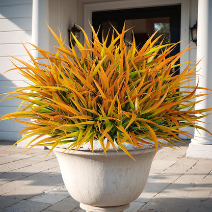16 Pcs Artificial Plants Outdoor Fake Grass, Yellow | Plastic grass, faux greenery stems, UV resistant, adjustable stems, indoor outdoor planters patio garden porch pathway