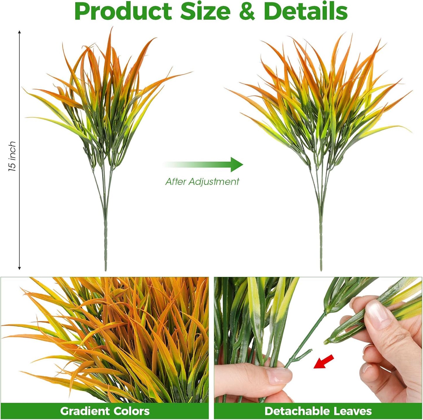 16 Pcs Artificial Plants Outdoor Fake Grass, Yellow | Plastic grass, faux greenery stems, UV resistant, adjustable stems, indoor outdoor planters patio garden porch pathway