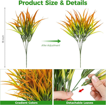 16 Pcs Artificial Plants Outdoor Fake Grass, Yellow | Plastic grass, faux greenery stems, UV resistant, adjustable stems, indoor outdoor planters patio garden porch pathway