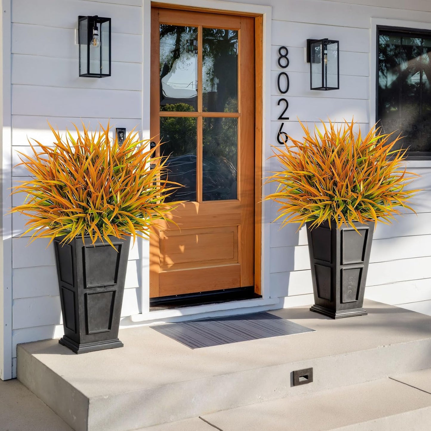 16 Pcs Artificial Plants Outdoor Fake Grass, Yellow | Plastic grass, faux greenery stems, UV resistant, adjustable stems, indoor outdoor planters patio garden porch pathway