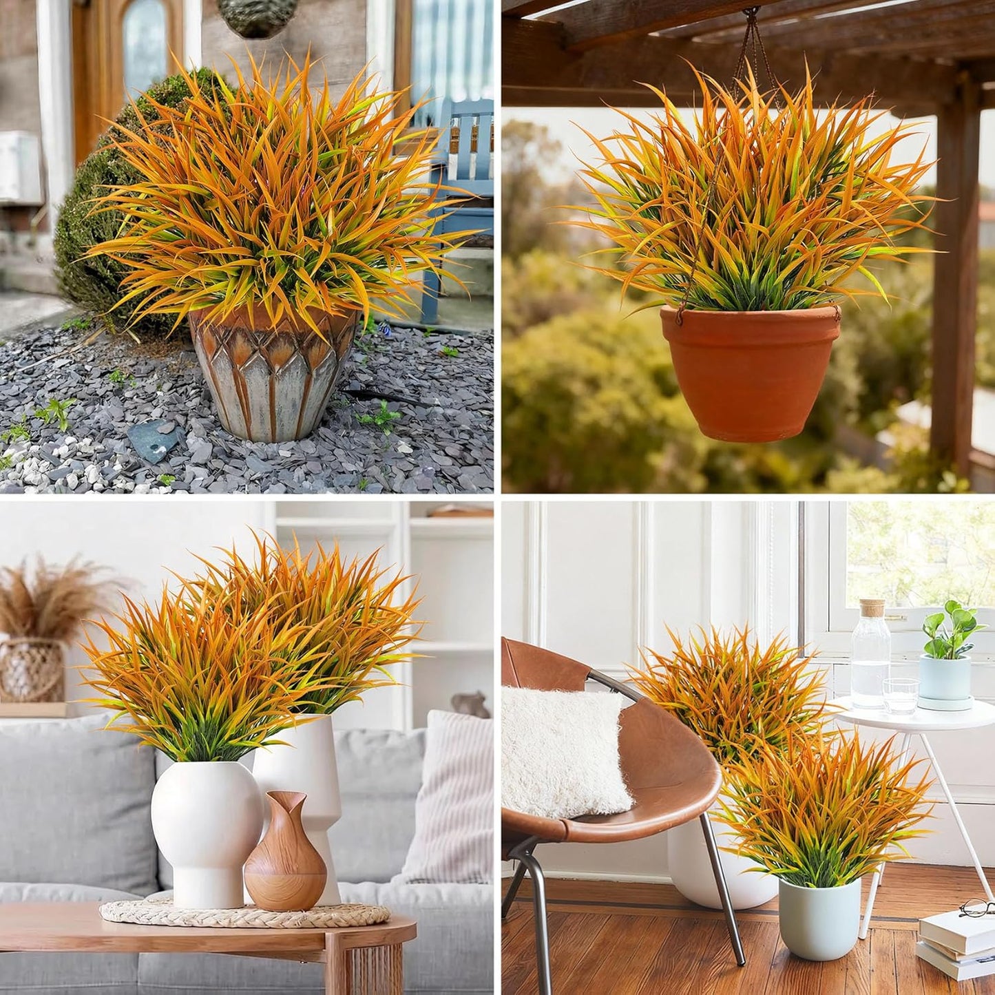 16 Pcs Artificial Plants Outdoor Fake Grass, Yellow | Plastic grass, faux greenery stems, UV resistant, adjustable stems, indoor outdoor planters patio garden porch pathway