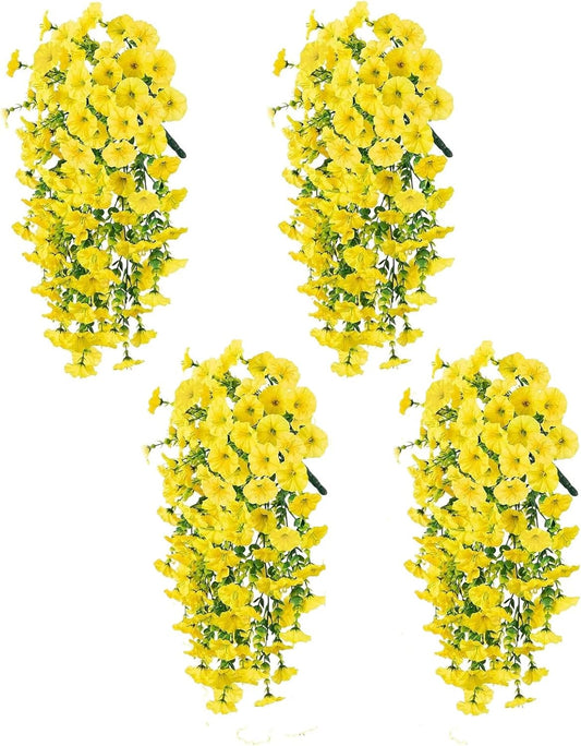 4Pcs Artificial Hanging Flowers for Outdoors, UV Resistant Morning Glory | Silk Petals, Realistic Eucalyptus, Yellow, for Planters, Porches, Patios, Window Boxes and Garden Decor